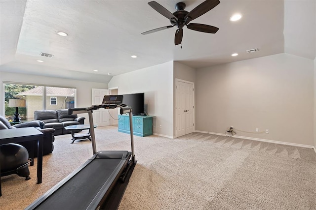 1704 Faircloud Dr, Edmond, OK 73034 - workout room with a ceiling fan, light colored carpet, baseboards, and recessed lighting