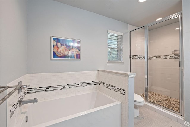 1704 Faircloud Dr, Edmond, OK 73034 - bathroom featuring toilet, a garden tub, a stall shower, and recessed lighting
