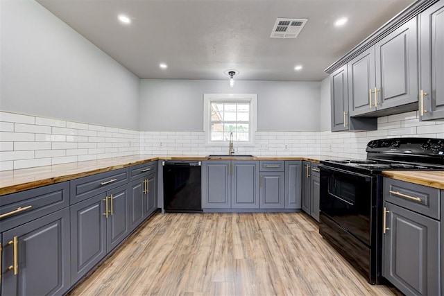 1206 Monroe Dr, Shawnee, OK 74804 - kitchen with butcher block countertops, black appliances, a sink, gray cabinetry, and backsplash