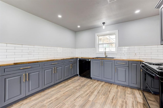 1206 Monroe Dr, Shawnee, OK 74804 - kitchen featuring a sink, black appliances, wooden counters, gray cabinets, and decorative backsplash