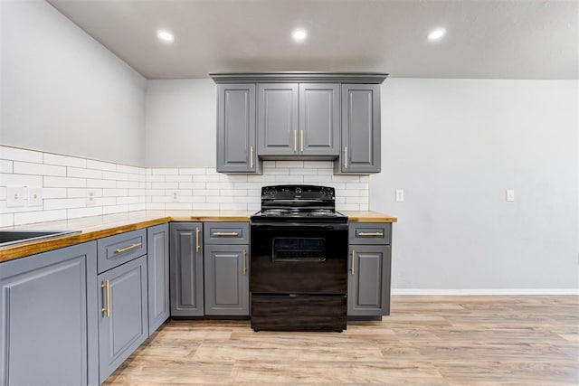 1206 Monroe Dr, Shawnee, OK 74804 - kitchen with electric range, butcher block countertops, gray cabinets, decorative backsplash, and recessed lighting