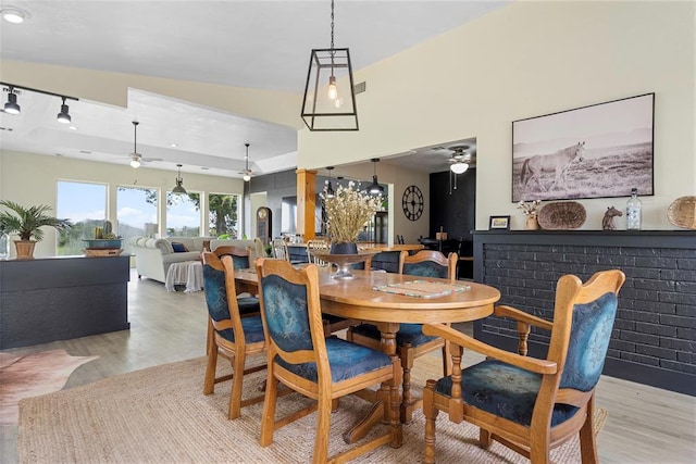 32629 S Airline Rd, Pauls Valley, OK 73075 - dining area featuring a ceiling fan, light wood-style floors, and rail lighting