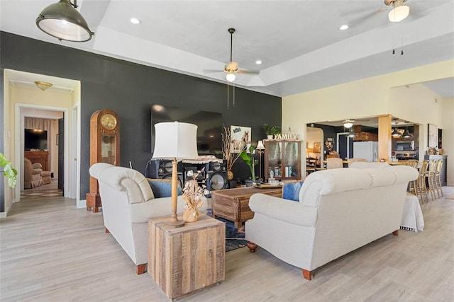 32629 S Airline Rd, Pauls Valley, OK 73075 - living area with ceiling fan, light wood-type flooring, recessed lighting, and a tray ceiling