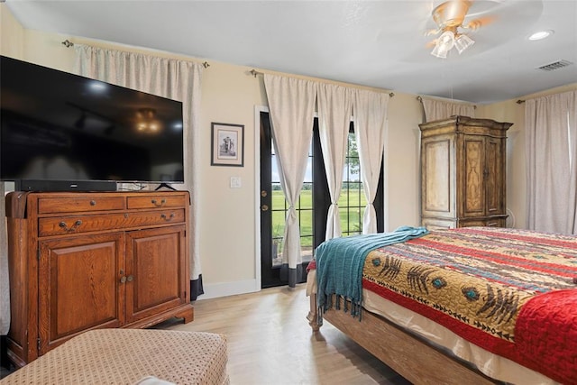 32629 S Airline Rd, Pauls Valley, OK 73075 - bedroom with light wood-style flooring, access to outside, recessed lighting, and ceiling fan