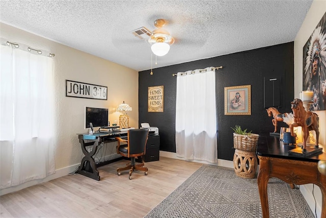32629 S Airline Rd, Pauls Valley, OK 73075 - office area featuring a ceiling fan, wood finished floors, and a textured ceiling