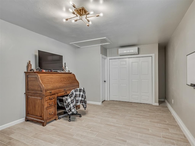 4100 S Noma Rd, Oklahoma City, OK 73150 - office area featuring attic access, a wall mounted air conditioner, light wood-type flooring, and baseboards