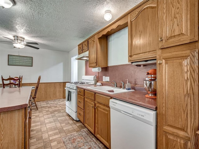 303 W Meek St, Wayne, OK 73095 - kitchen with white appliances, a sink, under cabinet range hood, wainscoting, and a ceiling fan