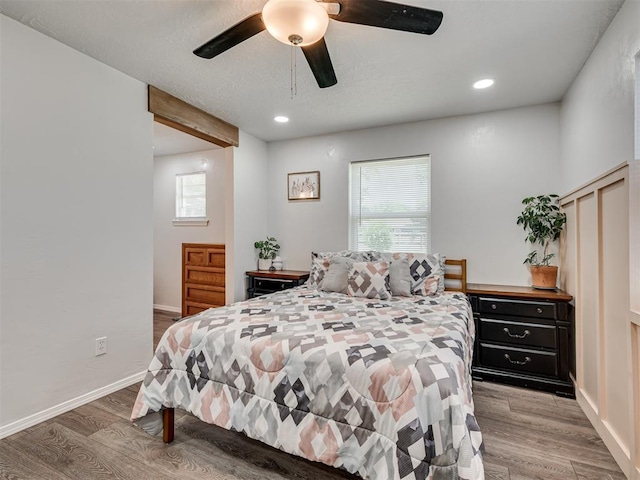 303 W Meek St, Wayne, OK 73095 - bedroom with light wood finished floors, baseboards, recessed lighting, and a ceiling fan