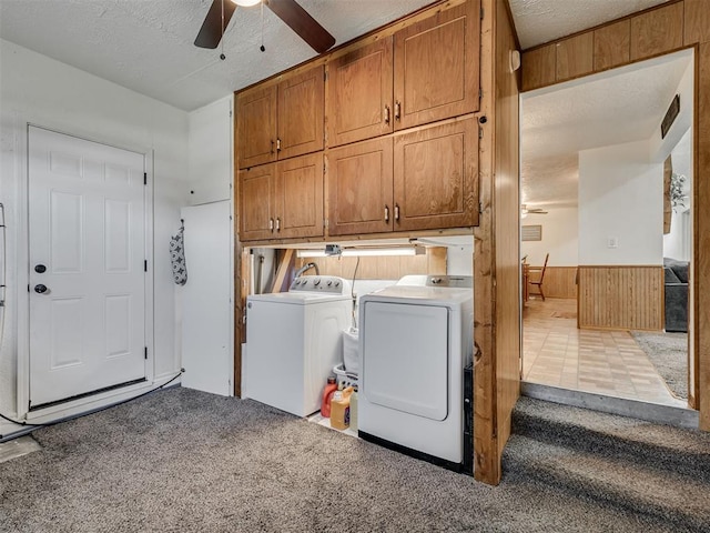 303 W Meek St, Wayne, OK 73095 - laundry room with washing machine and clothes dryer, cabinet space, a ceiling fan, wooden walls, and wainscoting