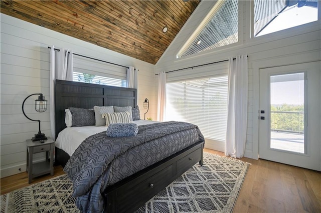 72 Green Persimmon Trl, Broken Bow, OK 74728 - bedroom featuring wooden ceiling, wood walls, high vaulted ceiling, multiple windows, and wood finished floors