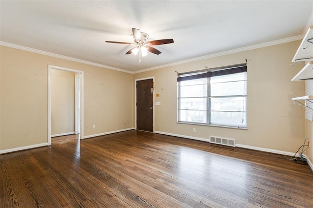 3901 NW 56th Pl, Oklahoma City, OK 73112 - unfurnished living room featuring a ceiling fan, ornamental molding, baseboards, and wood finished floors