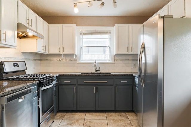 3901 NW 56th Pl, Oklahoma City, OK 73112 - kitchen featuring appliances with stainless steel finishes, under cabinet range hood, a sink, and white cabinetry