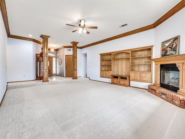 3130 SW 124th St, Oklahoma City, OK 73170 - unfurnished living room featuring decorative columns, crown molding, ceiling fan, light colored carpet, and baseboards