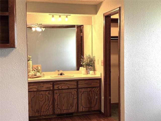 425 W Crooked Branch Way, Mustang, OK 73064 - bathroom with vanity, wood finished floors, and a textured wall