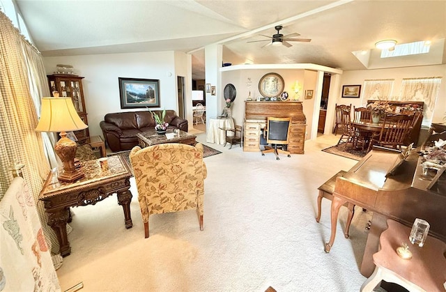 305 N Greer Ave, Duke, OK 73532 - carpeted living room featuring vaulted ceiling and a ceiling fan