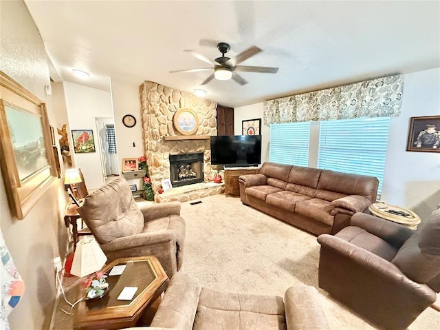 305 N Greer Ave, Duke, OK 73532 - living area with a ceiling fan, carpet flooring, and a fireplace