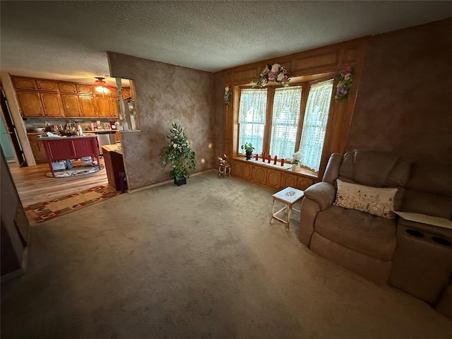 living area featuring light colored carpet and a textured ceiling