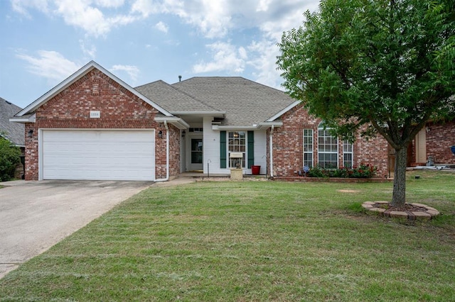 11014 Madison Ave, Midwest City, OK 73130 - view of front of house with brick siding, a front lawn, a garage, concrete driveway, and roof with shingles
