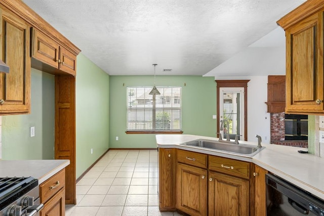11014 Madison Ave, Midwest City, OK 73130 - kitchen featuring dishwasher, a sink, a peninsula, brown cabinetry, and light countertops