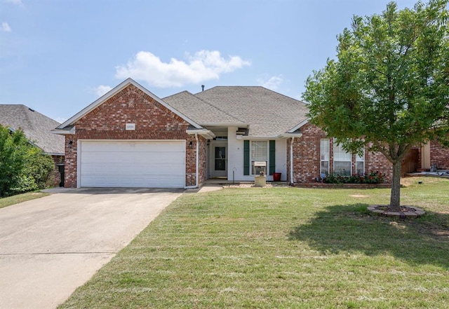 11014 Madison Ave, Midwest City, OK 73130 - traditional-style home featuring brick siding, an attached garage, a front lawn, concrete driveway, and a shingled roof