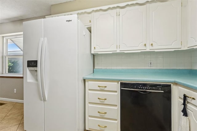 1313 SW 69th St, Oklahoma City, OK 73159 - kitchen featuring white fridge with ice dispenser, dishwasher, decorative backsplash, white cabinets, and a textured ceiling