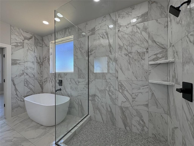 7217 NW 154th St, Edmond, OK 73013 - bathroom with a shower stall, a soaking tub, and recessed lighting
