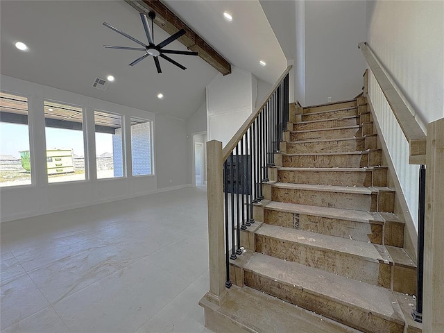 7217 NW 154th St, Edmond, OK 73013 - stairs featuring high vaulted ceiling, beam ceiling, a ceiling fan, and recessed lighting