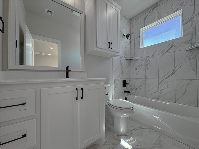7217 NW 154th St, Edmond, OK 73013 - full bathroom with toilet, shower / bath combination, vanity, and marble finish flooring