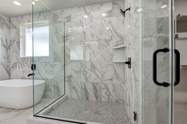 7217 NW 154th St, Edmond, OK 73013 - bathroom with a shower stall and a freestanding tub