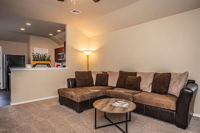 1701 Cambridge Row, The Village, OK 73120 - living room with a ceiling fan, light carpet, baseboards, lofted ceiling, and recessed lighting