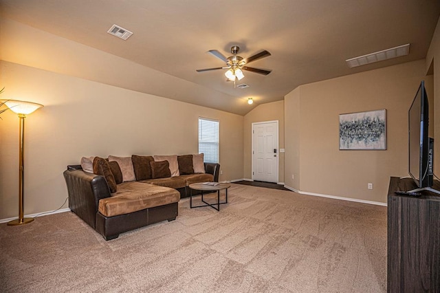 1701 Cambridge Row, The Village, OK 73120 - carpeted living room featuring ceiling fan, baseboards, and lofted ceiling