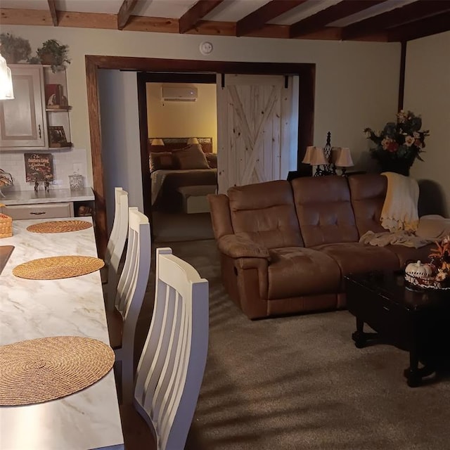 300 Bayberry Rd, Broken Bow, OK 74728 - carpeted living room with beamed ceiling, a wall mounted air conditioner, and a barn door