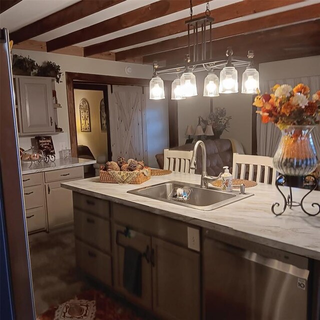 300 Bayberry Rd, Broken Bow, OK 74728 - kitchen with a sink, dishwasher, light countertops, beam ceiling, and decorative light fixtures