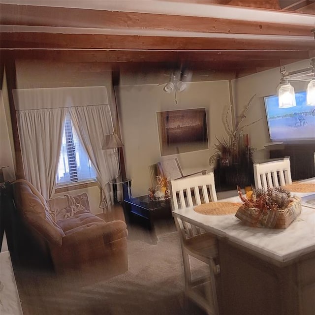 300 Bayberry Rd, Broken Bow, OK 74728 - dining space featuring carpet flooring and beam ceiling