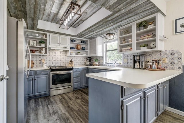 2416 Northwood Ln, Edmond, OK 73013 - kitchen with open shelves, stainless steel appliances, a peninsula, gray cabinets, and dark wood-style floors