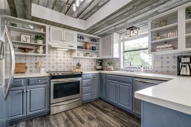 2416 Northwood Ln, Edmond, OK 73013 - kitchen with open shelves, stainless steel appliances, and a sink