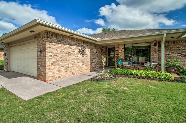 2416 Northwood Ln, Edmond, OK 73013 - view of front facade with a front yard, brick siding, an outdoor hangout area, a garage, and a shingled roof