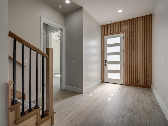 6305 NW 153rd St, Edmond, OK 73013 - foyer featuring stairs, light wood-style floors, and recessed lighting