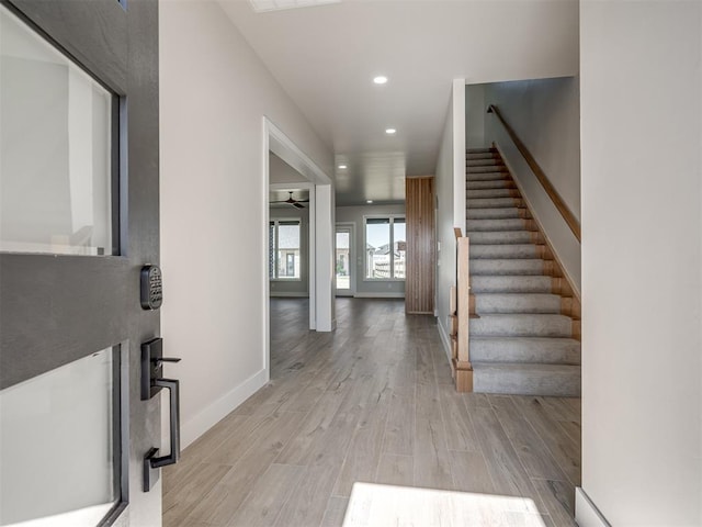 6305 NW 153rd St, Edmond, OK 73013 - entryway with light wood-style flooring, stairway, recessed lighting, and ceiling fan
