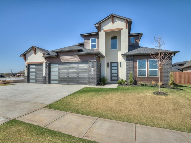 6305 NW 153rd St, Edmond, OK 73013 - view of front of property with an attached garage, stucco siding, driveway, and brick siding