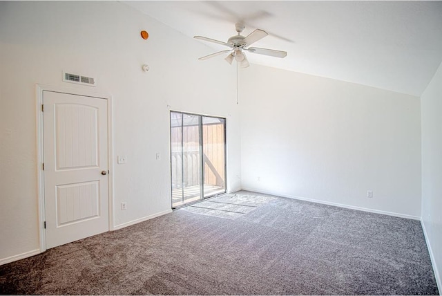 400 Timberwind Rd, Edmond, OK 73034 - spare room featuring carpet floors, high vaulted ceiling, a ceiling fan, and baseboards