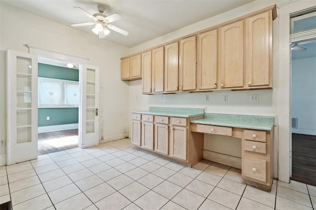 624 N Wentz St, Guthrie, OK 73044 - kitchen featuring light brown cabinetry, ceiling fan, light countertops, and light tile patterned flooring