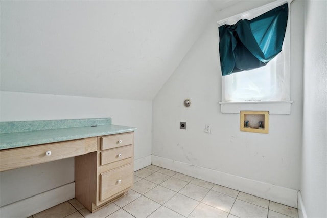 624 N Wentz St, Guthrie, OK 73044 - laundry area featuring electric dryer hookup, washer hookup, a desk, light tile patterned floors, and baseboards
