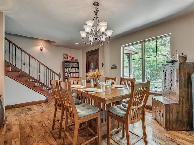 19401 N Peebly Rd, Luther, OK 73054 - dining room featuring light wood-type flooring, a chandelier, stairs, and baseboards