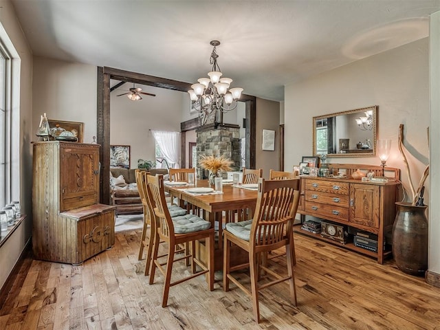19401 N Peebly Rd, Luther, OK 73054 - dining room with a ceiling fan, light wood-type flooring, and a chandelier