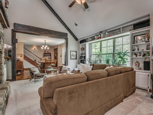 19401 N Peebly Rd, Luther, OK 73054 - living area with a chandelier, light colored carpet, a ceiling fan, and high vaulted ceiling