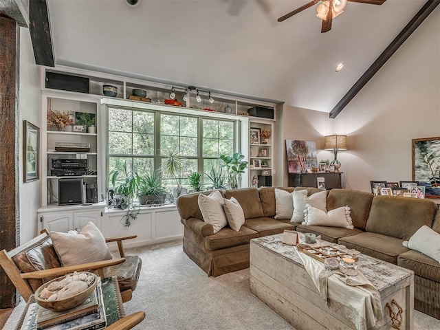19401 N Peebly Rd, Luther, OK 73054 - living room with light colored carpet, a ceiling fan, and vaulted ceiling