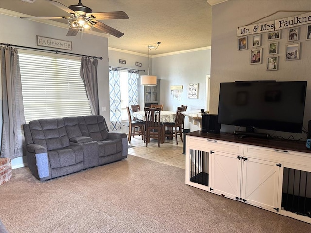 1912 SE 18th St, Moore, OK 73160 - living room with ornamental molding, ceiling fan, light carpet, and a textured ceiling