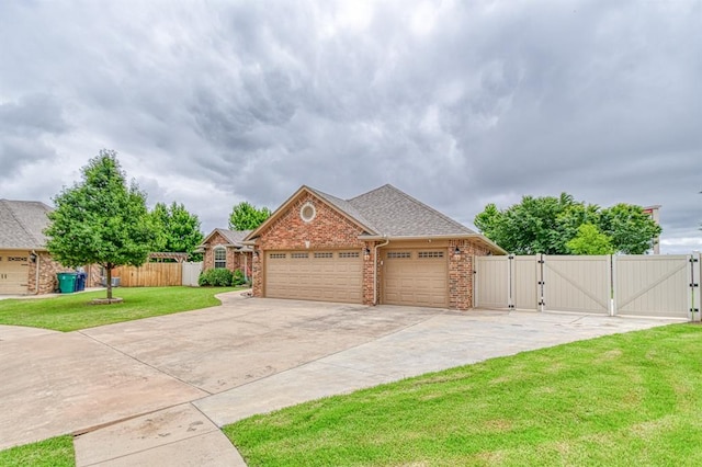 5524 SE 57th St, Oklahoma City, OK 73135 - view of front of home featuring a gate, brick siding, concrete driveway, a garage, and a shingled roof