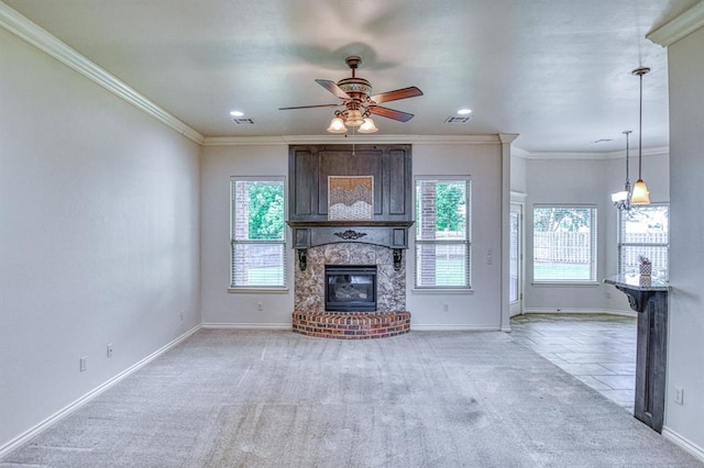 5524 SE 57th St, Oklahoma City, OK 73135 - unfurnished living room featuring a large fireplace, light colored carpet, a ceiling fan, baseboards, and recessed lighting
